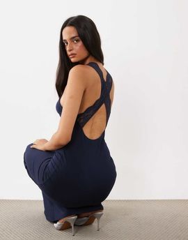 Tiger Mist Tiger Mist Seraphine sculpting lace trim crossover back maxi dress in navy