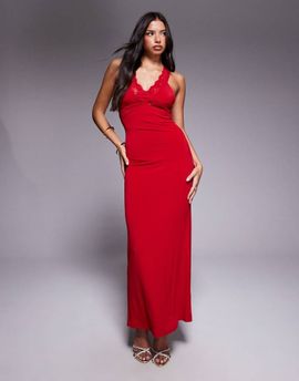 Tiger Mist Tiger Mist Seraphine slinky crossover lace panel bodycon maxi dress in red