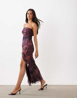 Tiger Mist Tiger Mist Theo bandeau ruffle detail thigh split maxi dress in purple floral