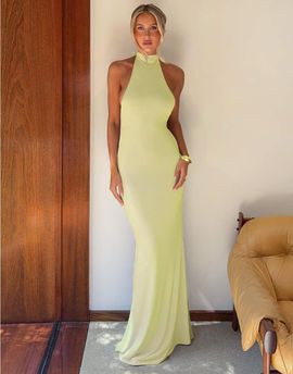 Tiger Mist Tiger Mist x Em Venz Maddy high racer halterneck open back drape detail maxi dress in lemon-Yellow