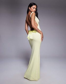 Tiger Mist Tiger Mist Zita square neck open scoop back satin bow detail maxi dress in lemon-Yellow