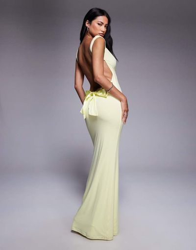 Tiger Mist Tiger Mist Zita square neck open scoop back satin bow detail maxi dress in lemon-Yellow
