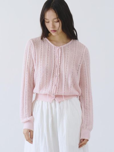 Tillber String Knit Scallop Pattern Cardigan [Baby Pink]