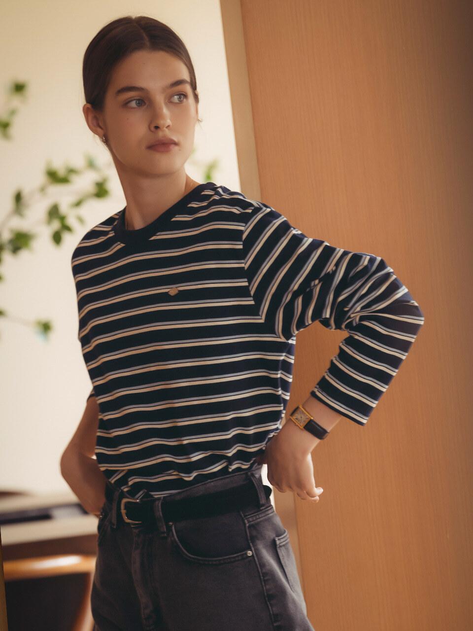 TILLIDIE Bonheur stripe cotton t-shirt_Navy&Sky blue