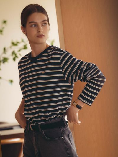TILLIDIE Bonheur stripe cotton t-shirt_Navy&Sky blue