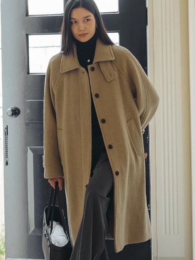 TILLIDIE Boucle Hidden Button Wool Blend Mac Coat - Khaki