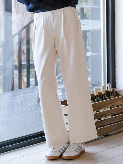 TILLIDIE Button Point Double-Pleated Wide Pants [Beige]