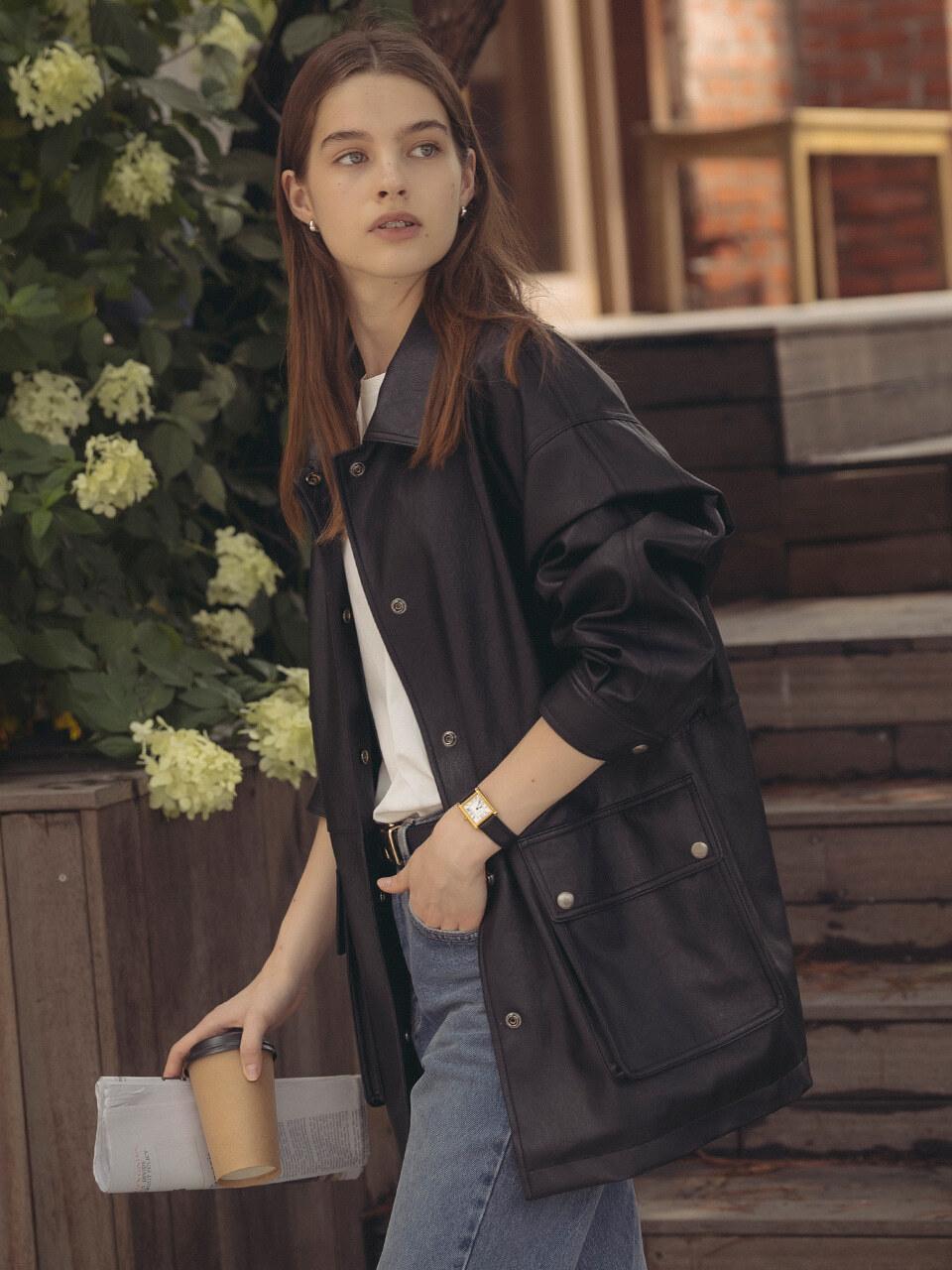 TILLIDIE Casual eco leather oversized jacket_Black
