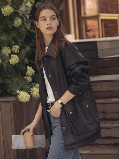 TILLIDIE Casual eco leather oversized jacket_Black