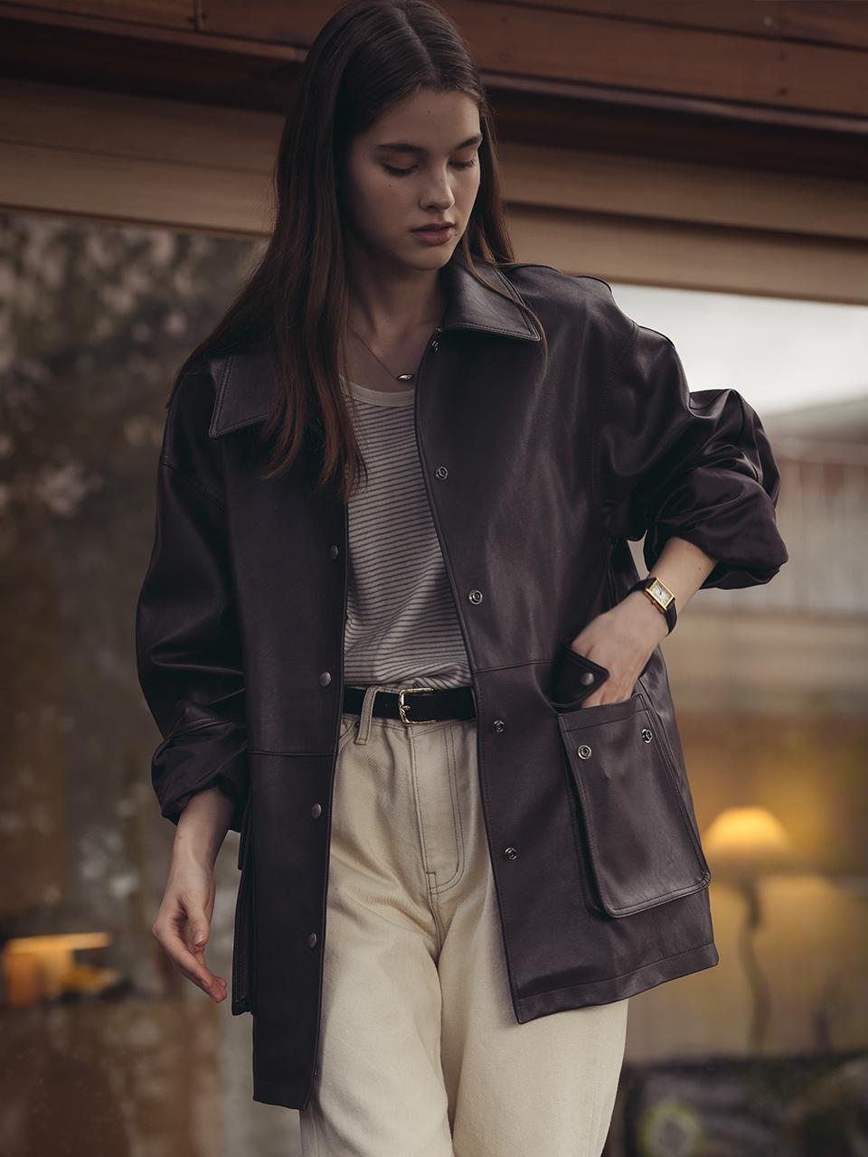 TILLIDIE Casual eco leather oversized jacket_Brown