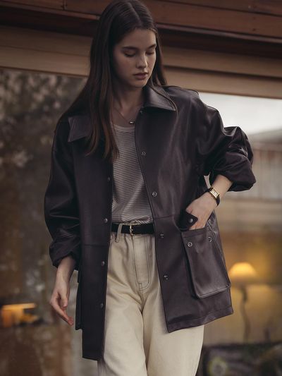 TILLIDIE Casual eco leather oversized jacket_Brown