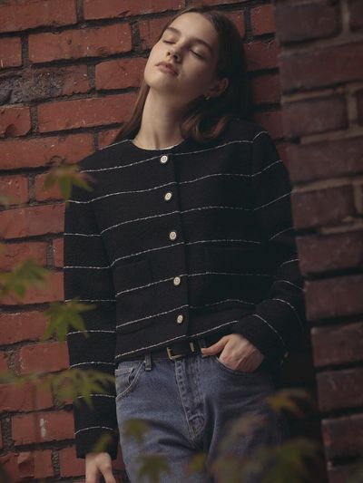 TILLIDIE Collarless moa tweed jacket_Black