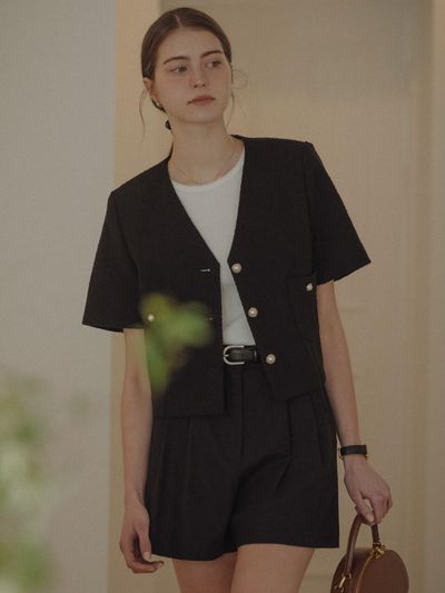 TILLIDIE Collarless Pearl Button Summer Tweed Jacket_Black