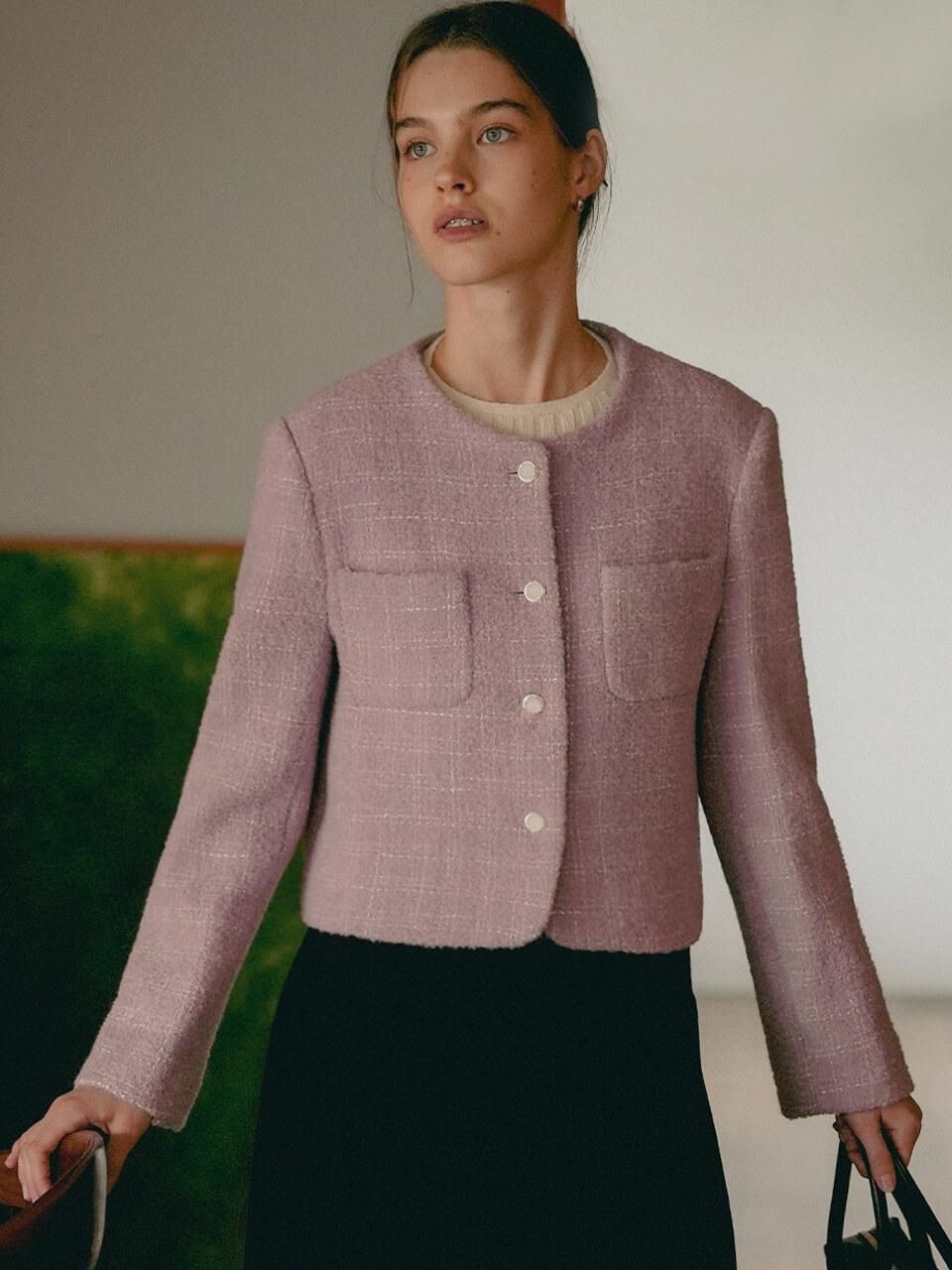 TILLIDIE Collarless rose tweed jacket_Purple