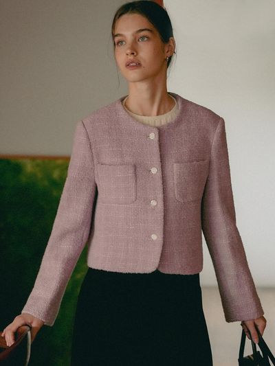 TILLIDIE Collarless rose tweed jacket_Purple