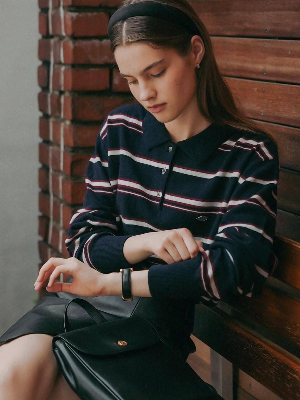 TILLIDIE Color mixed wool polo knit_Navy