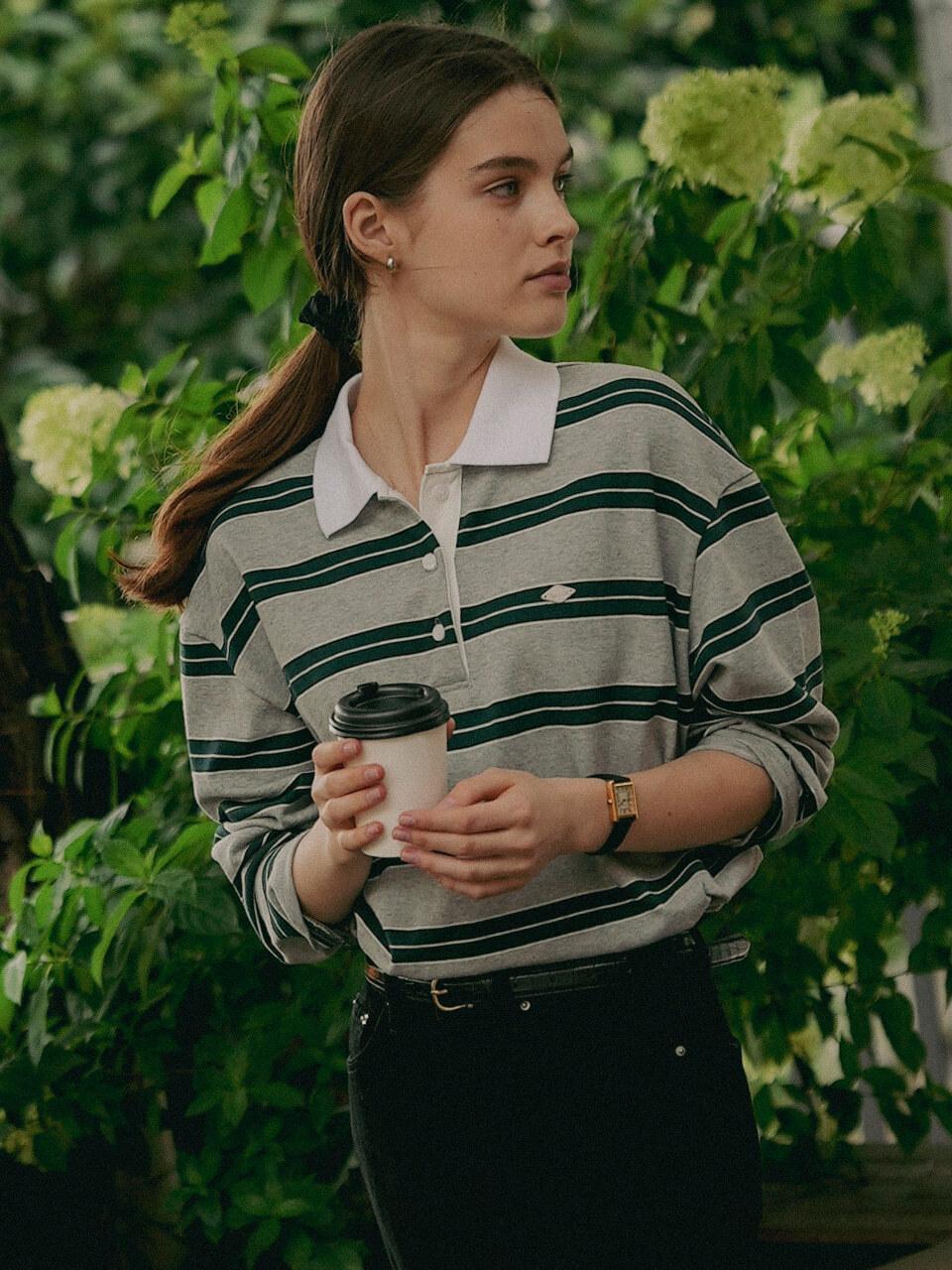 TILLIDIE Cotton stripe base collar polo t-shirt_Gray