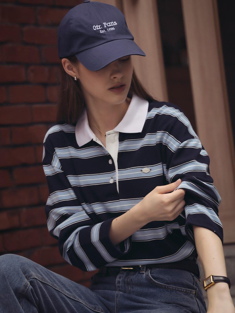 TILLIDIE Cotton stripe base collar polo t-shirt_Navy