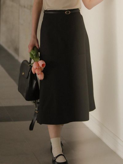 TILLIDIE Double Stitch Midi Flare Skirt - Black