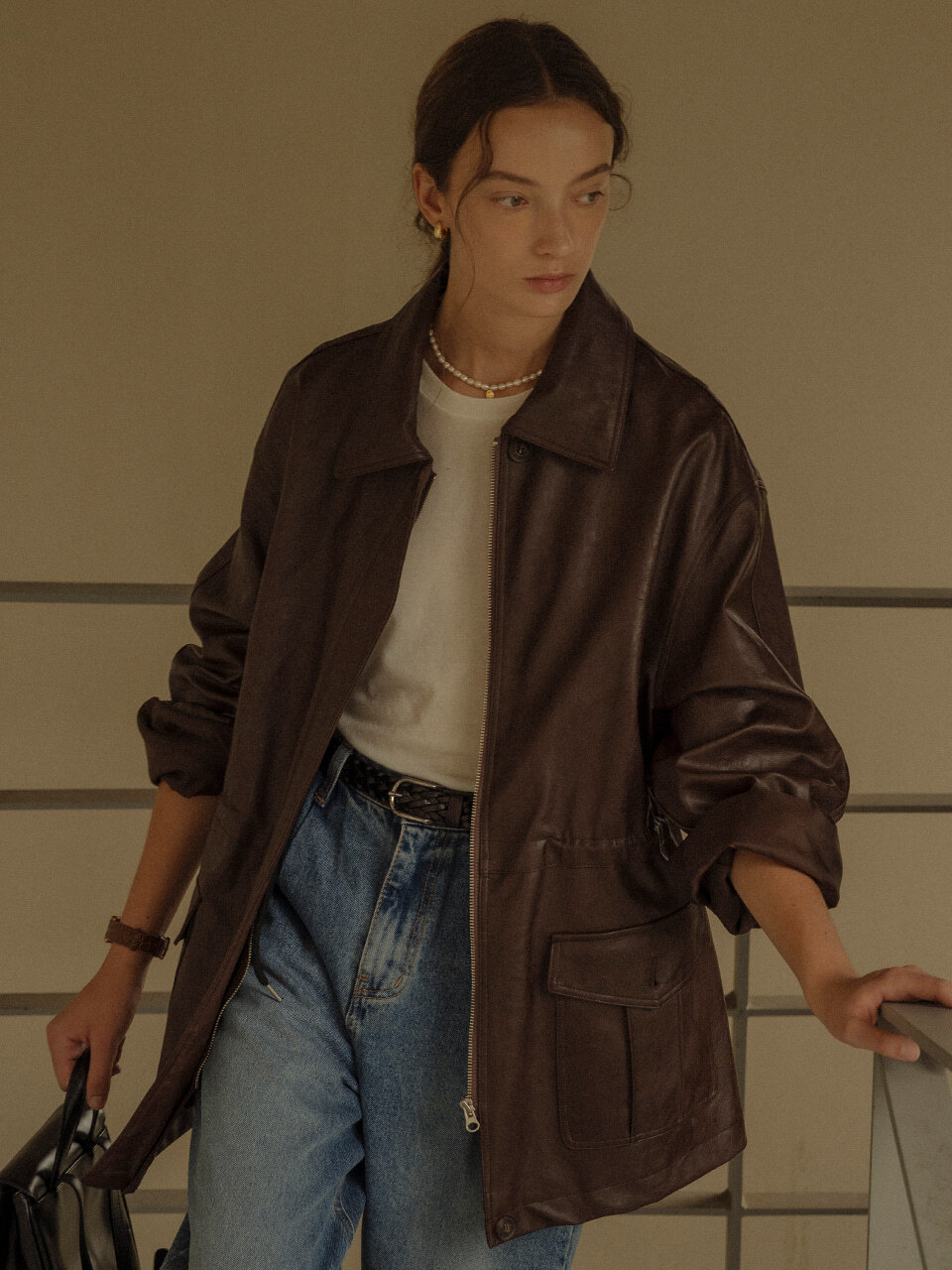 TILLIDIE Drawstring Leather Jacket - Brown