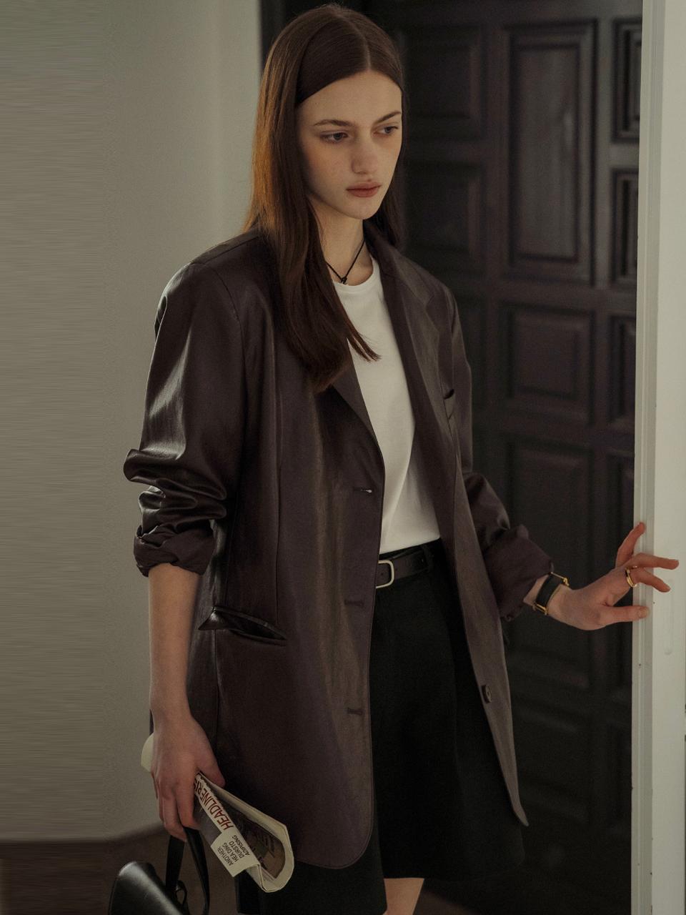 TILLIDIE Eco Leather Three Button Single Jacket - Brown