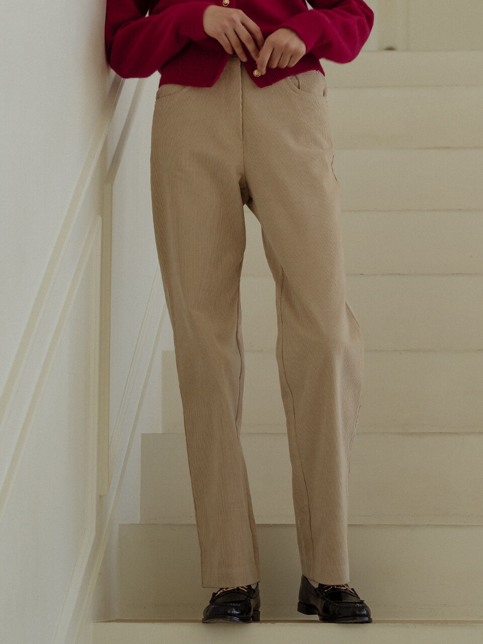 TILLIDIE Gold Button Point Corduroy Pants_Beige