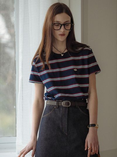TILLIDIE Multi Stripe Cotton T-shirt - Navy