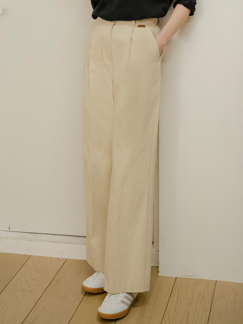 TILLIDIE Relaxed Wide-leg Cotton Twill Pants [Light Beige]