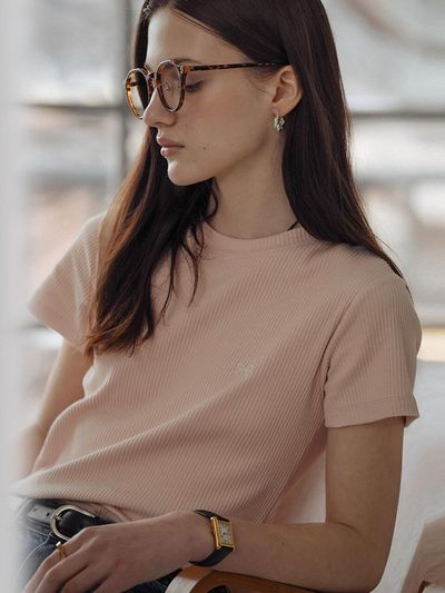 TILLIDIE Ribbon Embroidery Half Sleeve T-shirt - Pink