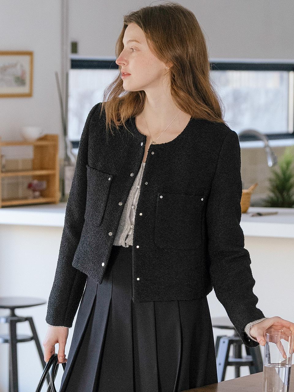 TILLIDIE Rivet Button Collarless Tweed Jacket [Black]