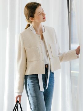 TILLIDIE Rivet Button Tweed Semi-Cropped Jacket [Beige]