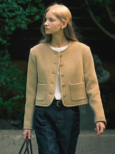 TILLIDIE Signature Collarless Wool Jacket - Beige