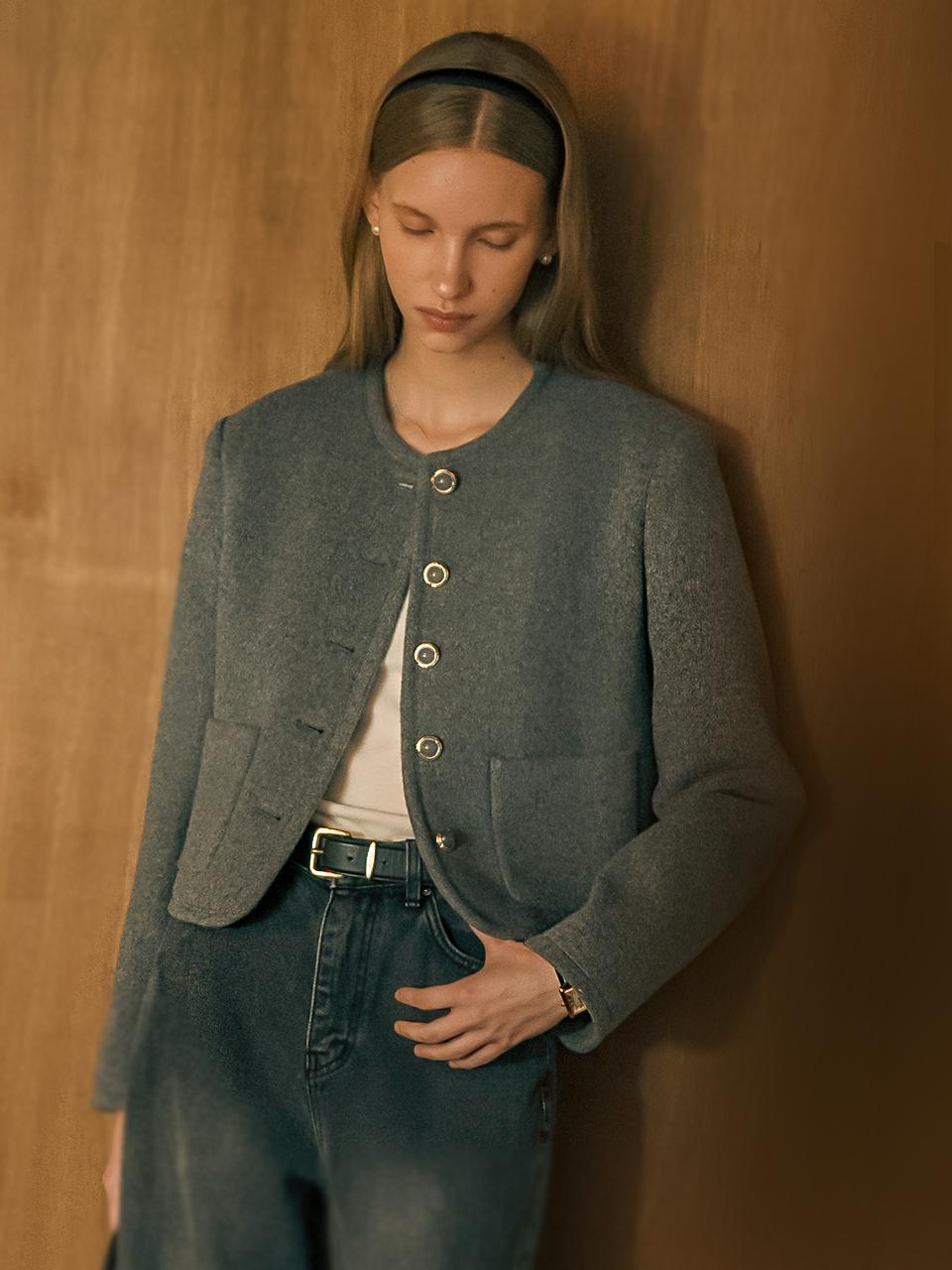 TILLIDIE Signature Collarless Wool Jacket - Gray