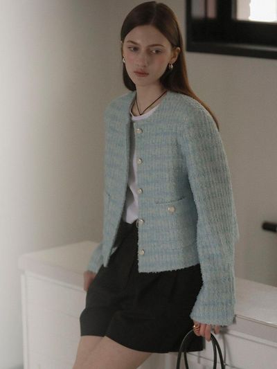 TILLIDIE Single Breasted Nana Tweed Jacket - Sky Blue