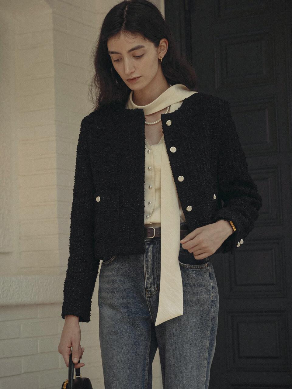 TILLIDIE Single breasted nana tweed jacket_Black