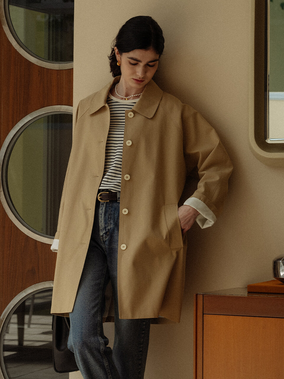 TILLIDIE Stitch Raglan Trench Coat - Dark Beige