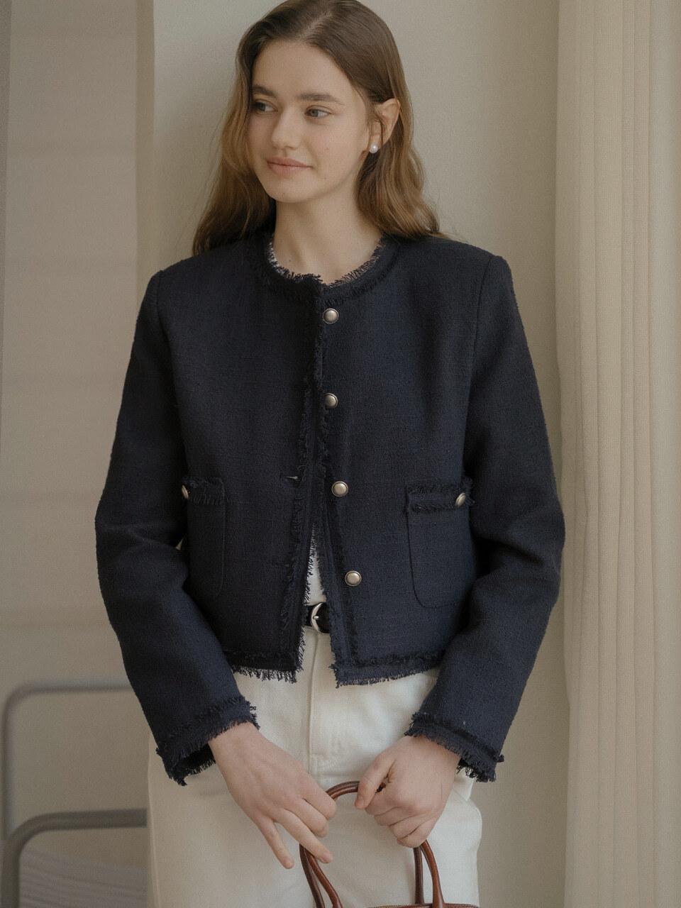 TILLIDIE Tassel Lace Point Tweed Jacket [Navy]