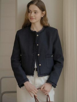 TILLIDIE Tassel Lace Point Tweed Jacket [Navy]