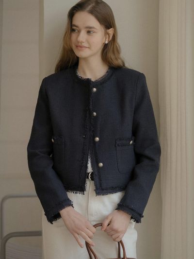 TILLIDIE Tassel Lace Point Tweed Jacket [Navy]