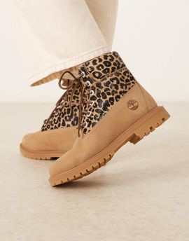 Timberland Timberland Premium 6 inch lace up boots with leopard detail in beige-Neutral