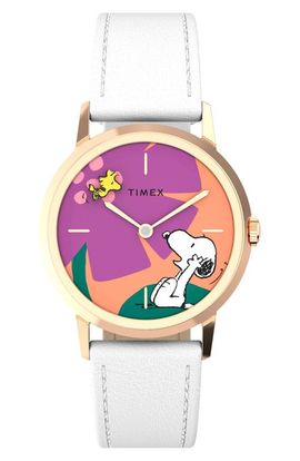 Timex® Timex® x Peanuts Marlin® Snoopy Floral Leather Strap Watch, 34mm