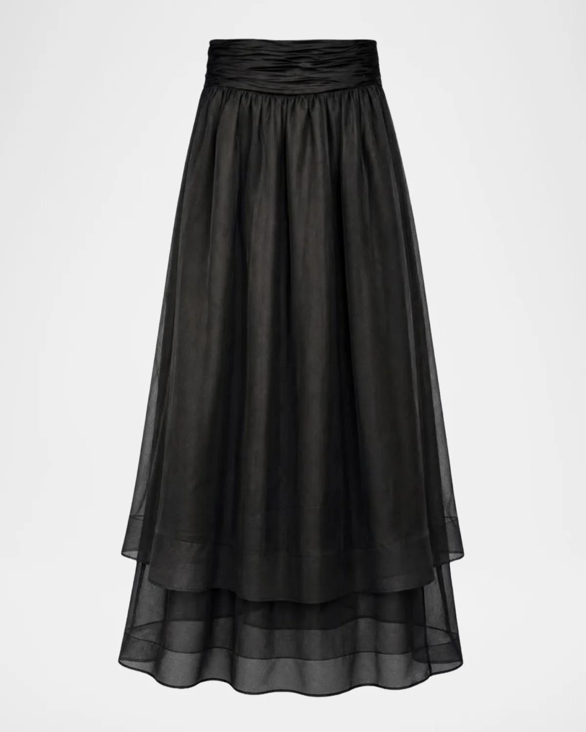 Toccin Amber Tiered Sheer Silk Midi Skirt