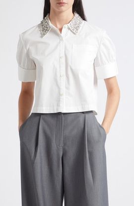 Toccin Toccin Zadie Rhinestone Collar Stretch Poplin Button-Up Shirt