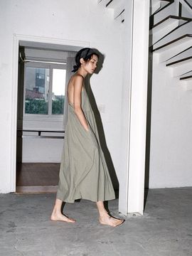 Tocoll Cotton Shirring Dress - Khaki