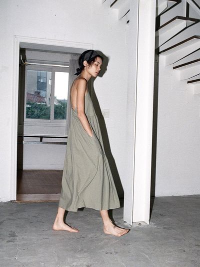 Tocoll Cotton Shirring Dress - Khaki