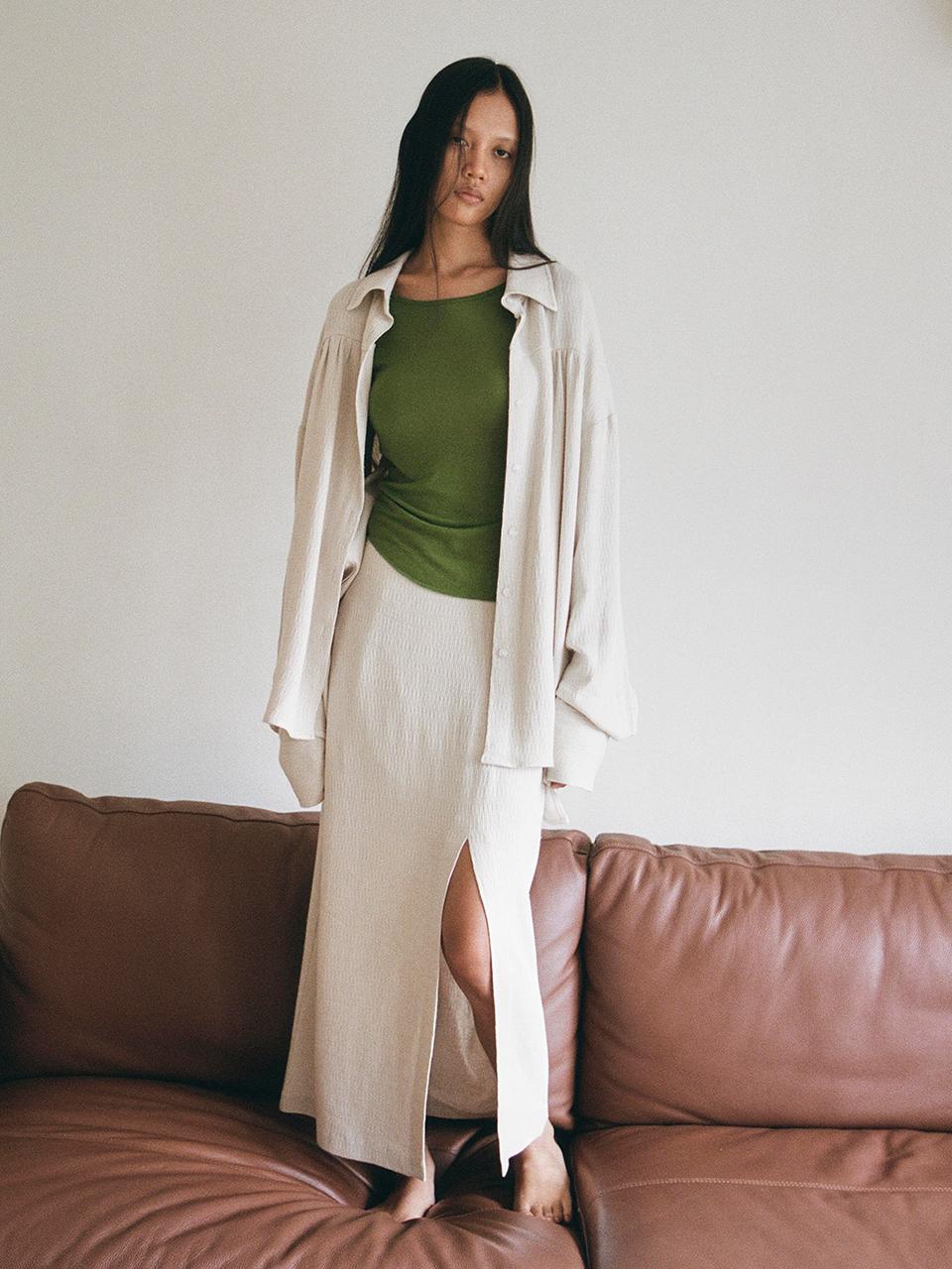 Tocoll Pigment Linen Long Slit Skirt [Natural]