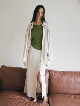 Tocoll Pigment Linen Long Slit Skirt [Natural]