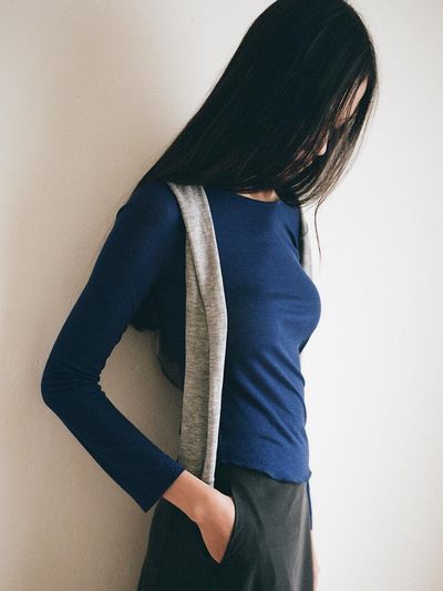 Tocoll Round Semi Sheer Top [Navy]