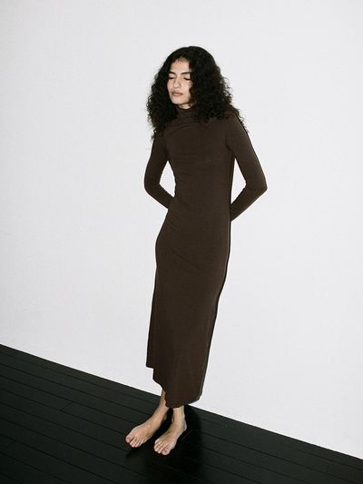 Tocoll Turtle Neck Long Dress - Brown