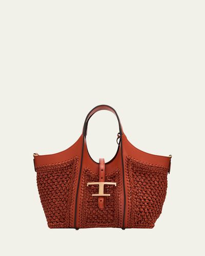 Tod's Small T Timeless Raffia & Leather Shopping Bag